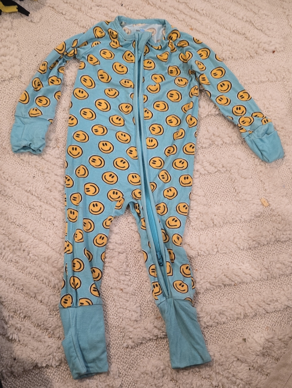 Blue Smiley Print Kids Footed One-Piece Zipper Pajamas